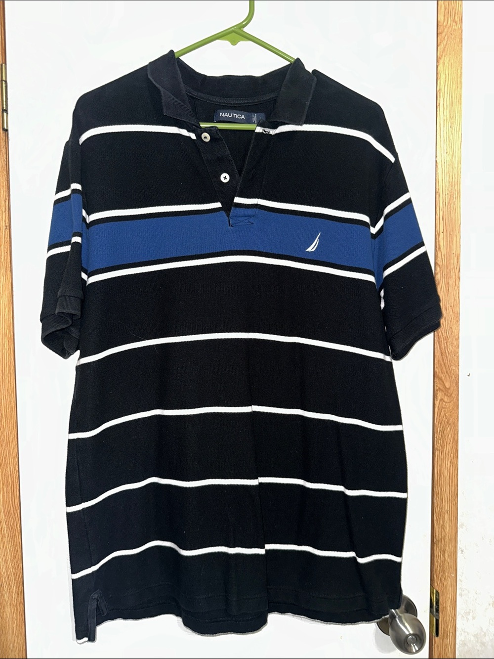 Nautica Men’s Black Polo with Blue and White Stripes